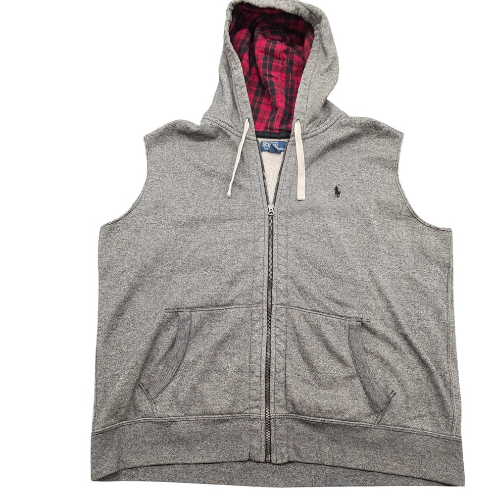 Polo Ralph Lauren Mens XL Gray Sleeveless Vest Hoodie Full Zip Plaid Lined Hood